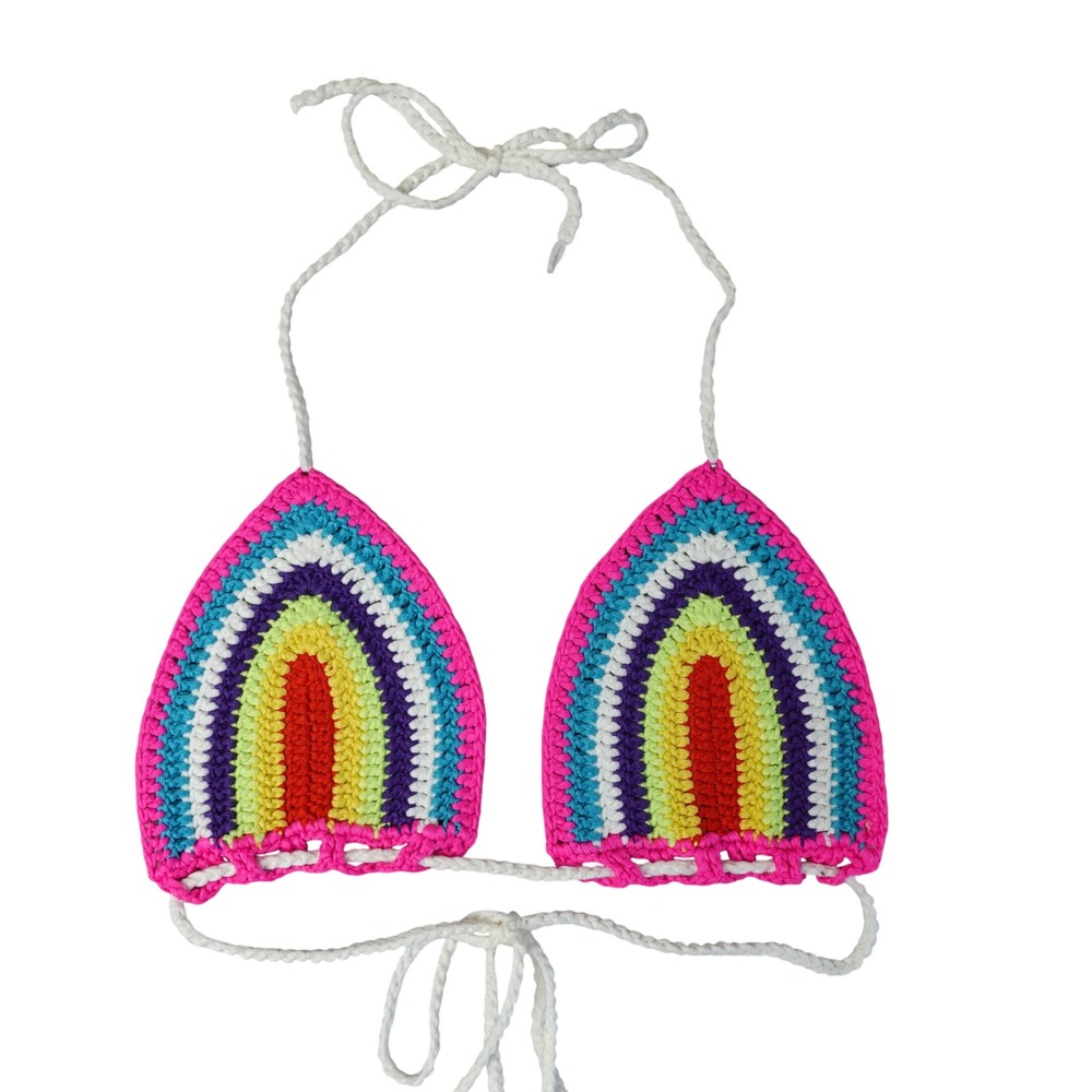 Crochet Bikini Top Womens S Rainbow Striped Halter Retro Boho Festival Rave NWT